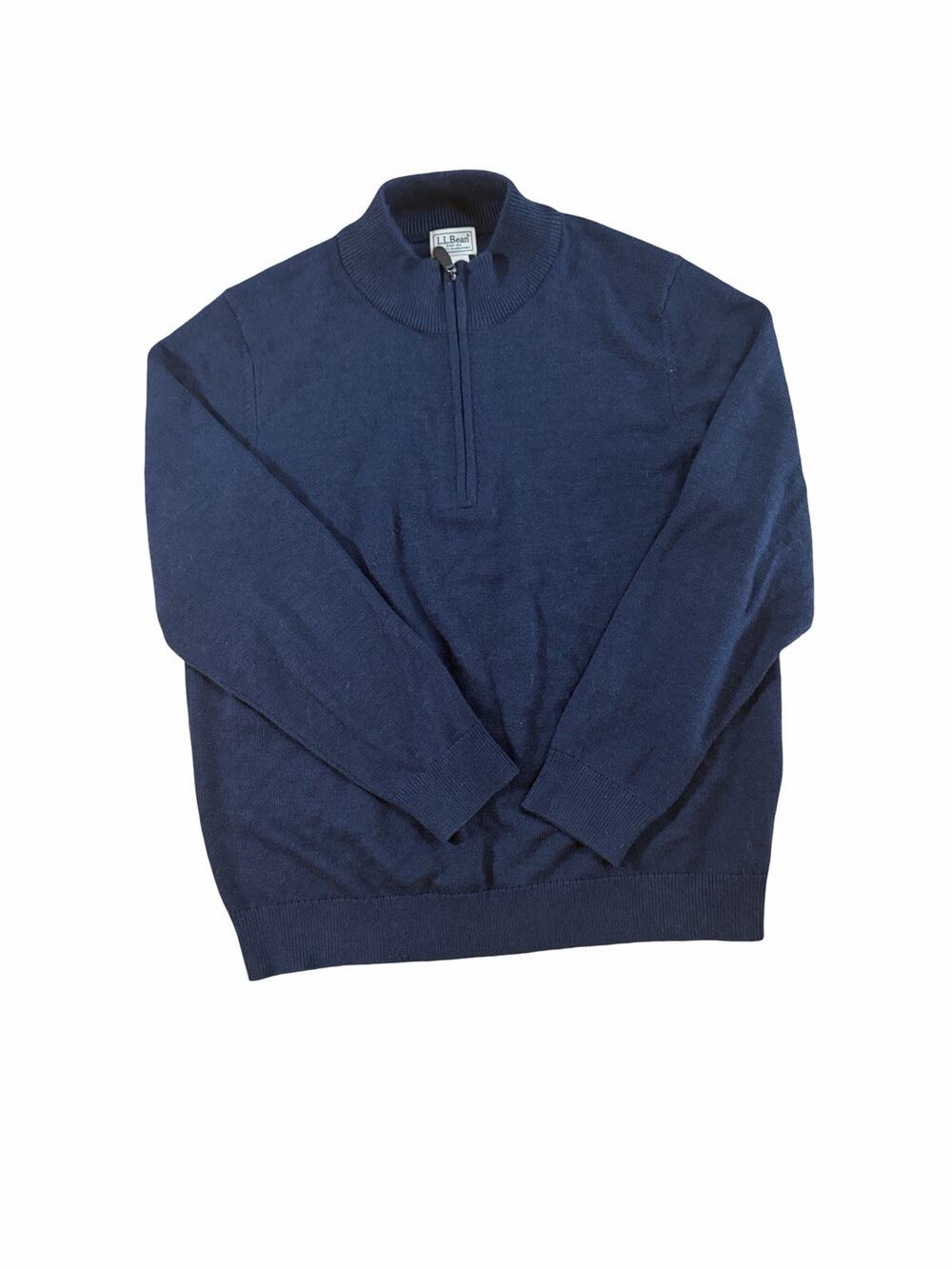 LL Bean Sweater Mens Large Navy Merino Wool Quarter Zip Mock Neck Pullover